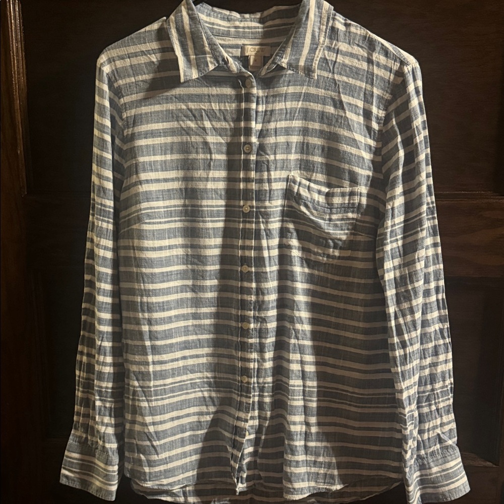 J. Crew Men's Blue and White Striped Button-Down Shirt, Size M